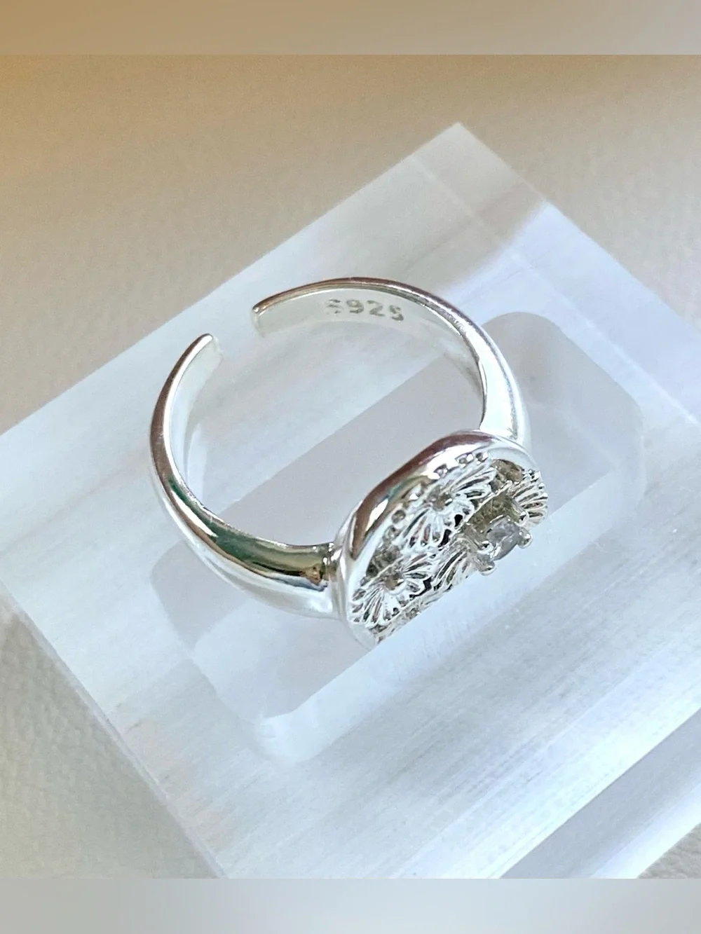 Silver Floral Oval Ring - White Crystal Accent